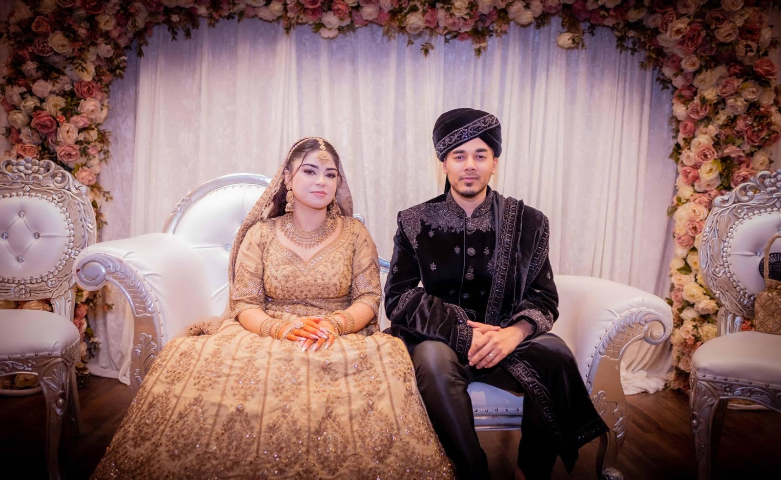Bride and groom together at an elegant London wedding reception